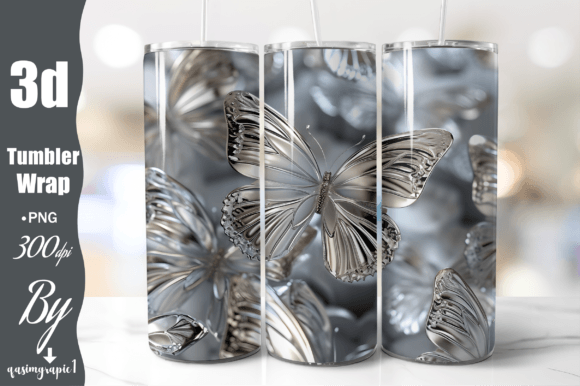 Elevate Your Drinkware with 3D Silver Butterflies 20 Oz Tumbler Wrap Designs